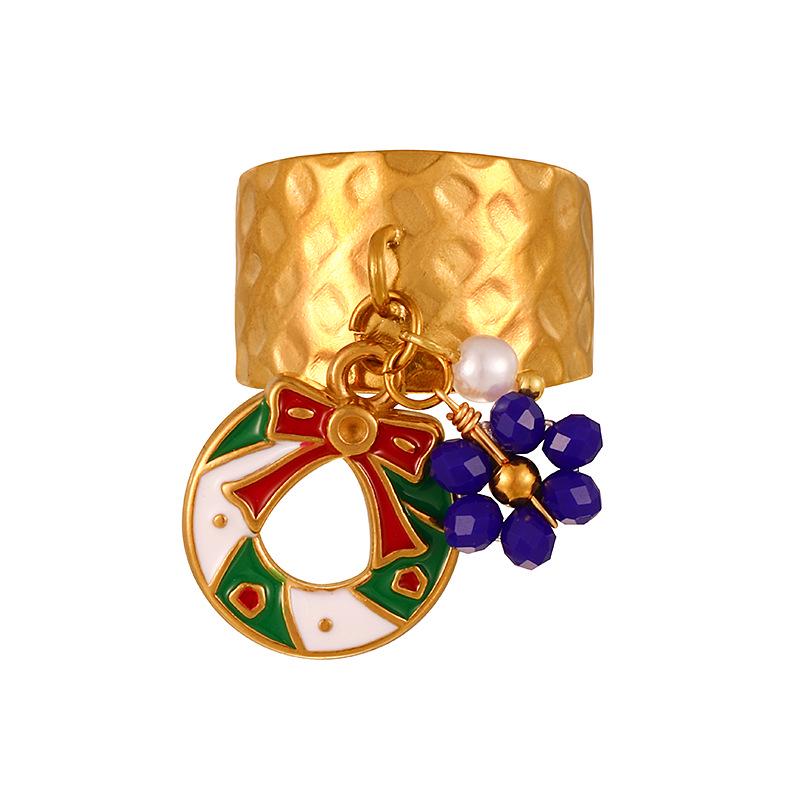 European & American Cartoon Christmas Snowflake Titanium Steel Drip Oil Flower Open Ring for Women