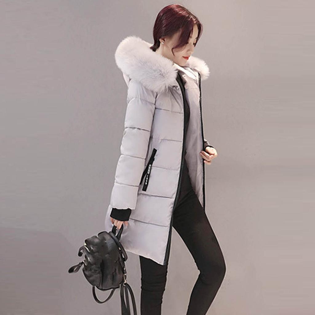 Women's Fashion Big Hair Collar Slim Waist Long Down Cotton Jacket Cotton Coat