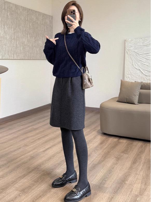 Women's Elegant A-line Wool Blend Skirt with Elastic Waist for Autumn/Winter