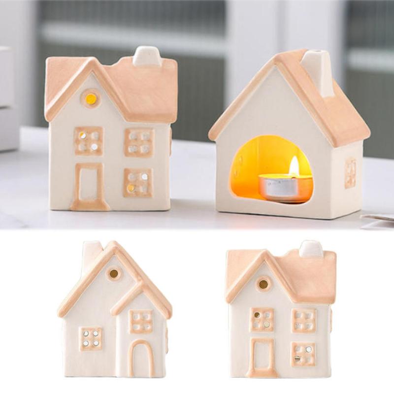 Painted Ceramic House Candle Holders Tabletop Christmas Or Everyday Home Decor Warm Glow Detailed Ornament(Without Candle)