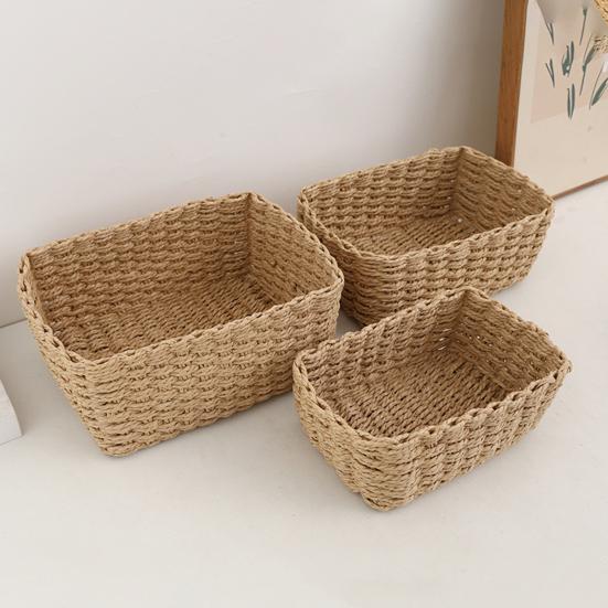 3Pcs Woven Storage Basket Natural Rattan Paper Rope Stackable Square Open Design for Kitchen Bedroom Living Room Bathroom Storage Organizers Home Tidy