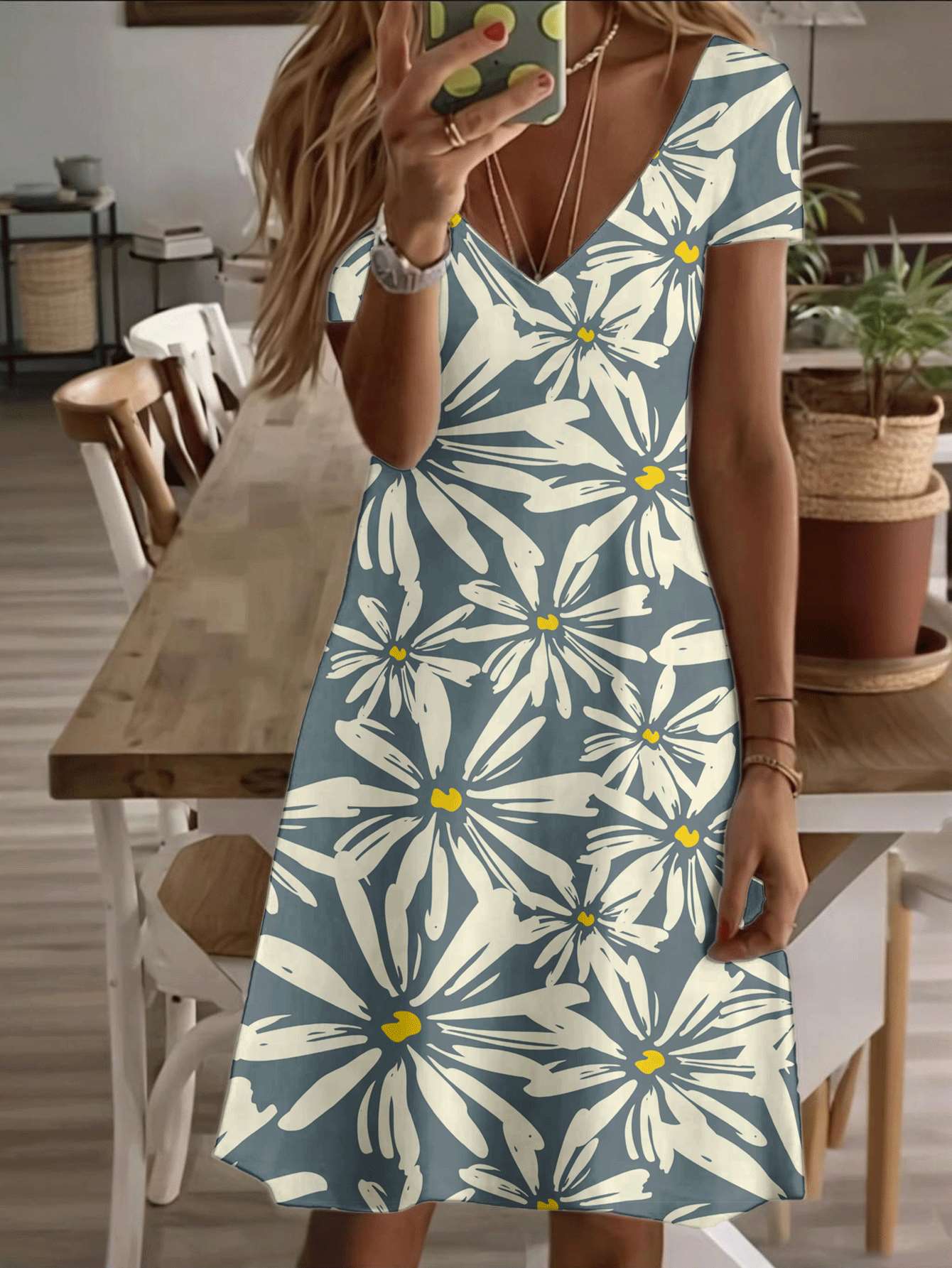 

Vneck shortsleeve midi dress floral daisy print pattern 3D premium printing durable casual fashion summer beach outfit elegant woman style comfortable 2XL дубильна кора