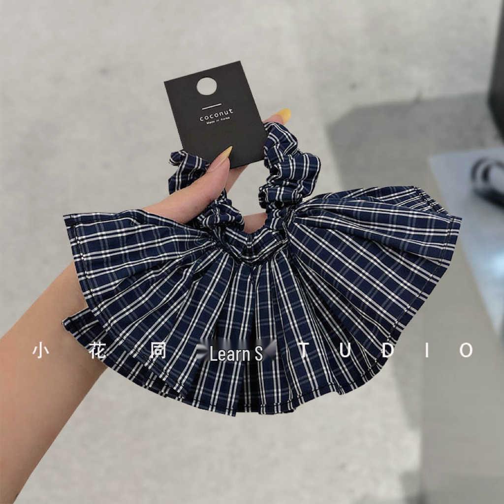 Korean Princess Dress with Skirt Hem & Navy Blue Plaid Bow Hair Tie