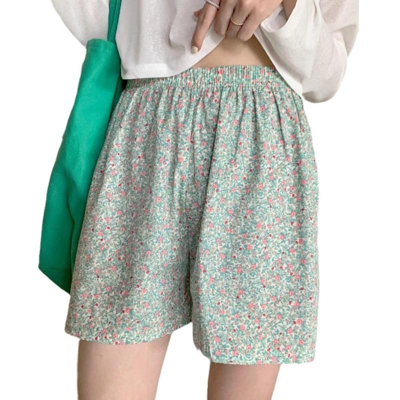 Summer Home Checkered Small Floral Shorts Thin Fresh Sports High Waist Thin Wide Leg Loose Casual Pajama Pants Women