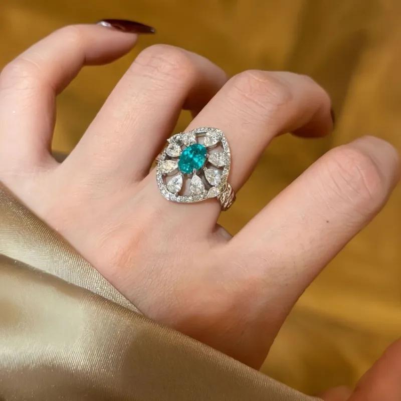 Light Luxury High-end Paraiba Hollow Rings for Women Inlaid Crystal Water Droplet Oval Blue Ring Wedding Jewelry Gift