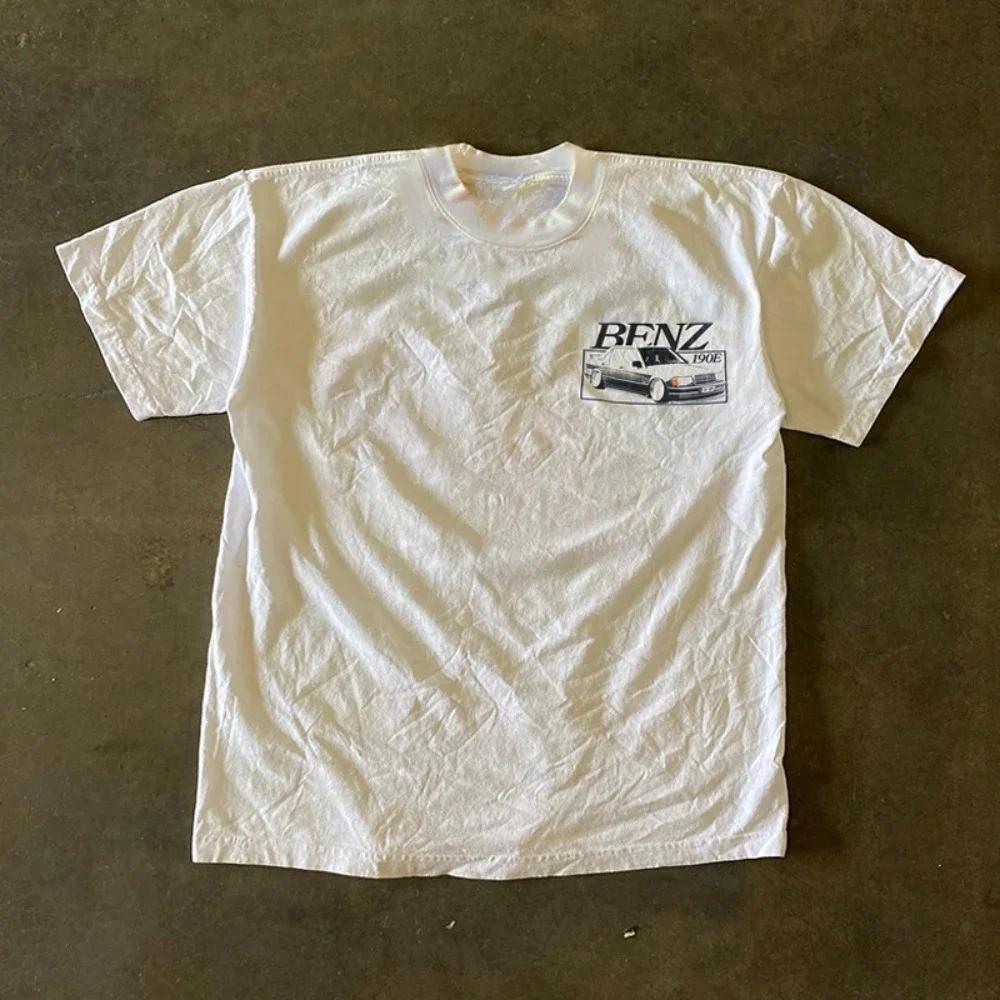 2025 Summer Benz Vintage Car Print Women's Short Sleeve T-shirt High T-shirt Women Clothing Graphic T Shirts Aesthetic Clothes