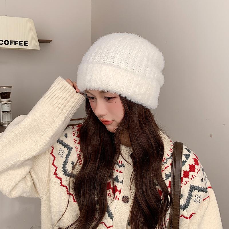 Frühlings- und Herbst-Plüsch-verdickte warme Mütze, großer Kopfumfang, kleines Gesicht Strickmütze Damen