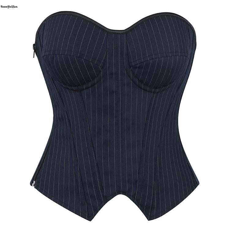 Available Women Back Drawstring Tie Corset Office Style Fashion Crop Top Stripe Padded Bra Bustier With Zip