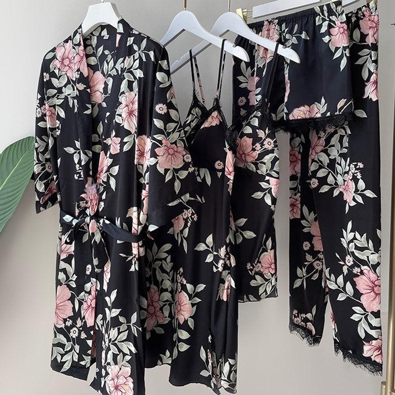 Sexy Rayon Silk 5PCS Pajamas Set Female Sleepwear Print Flower Bathrobe Nightgown Lady Relaxed Fit Casual Pijamas Suit Home Clothes