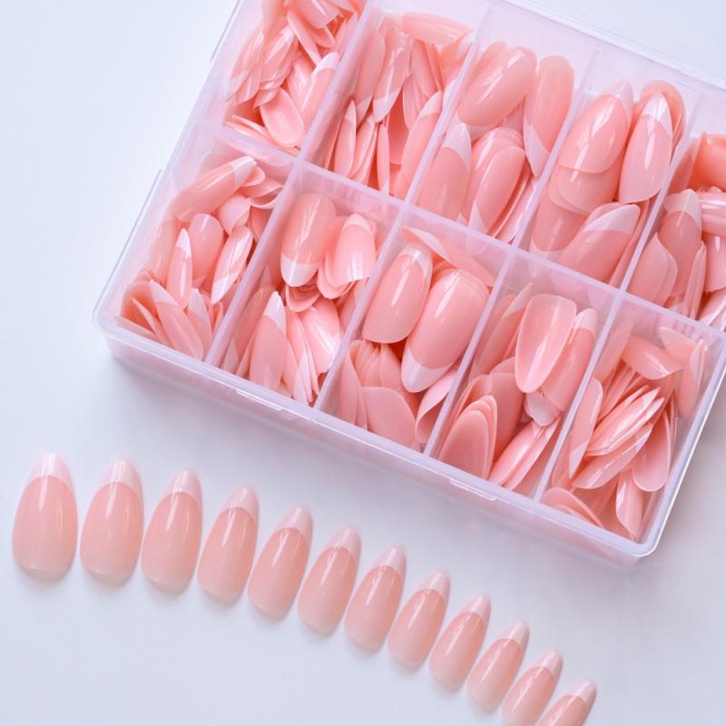 Almond Shape French Fake Nails Light Pink Full Cover Press On Nails White Edge Design Simple False Fingertips