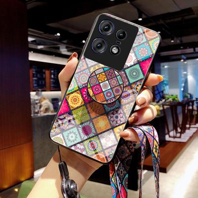 For Motorola Edge 50 Pro 5G Case Kickstand Ethnic Pattern Tempered Glass Phone Cover with Strap