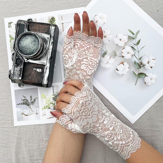 1 Pair Gloves Half Fingers Lace See-through Hollow Out Flower Embroidery Solid Color Elastic Bride Wedding Prom Party Decorative Gloves