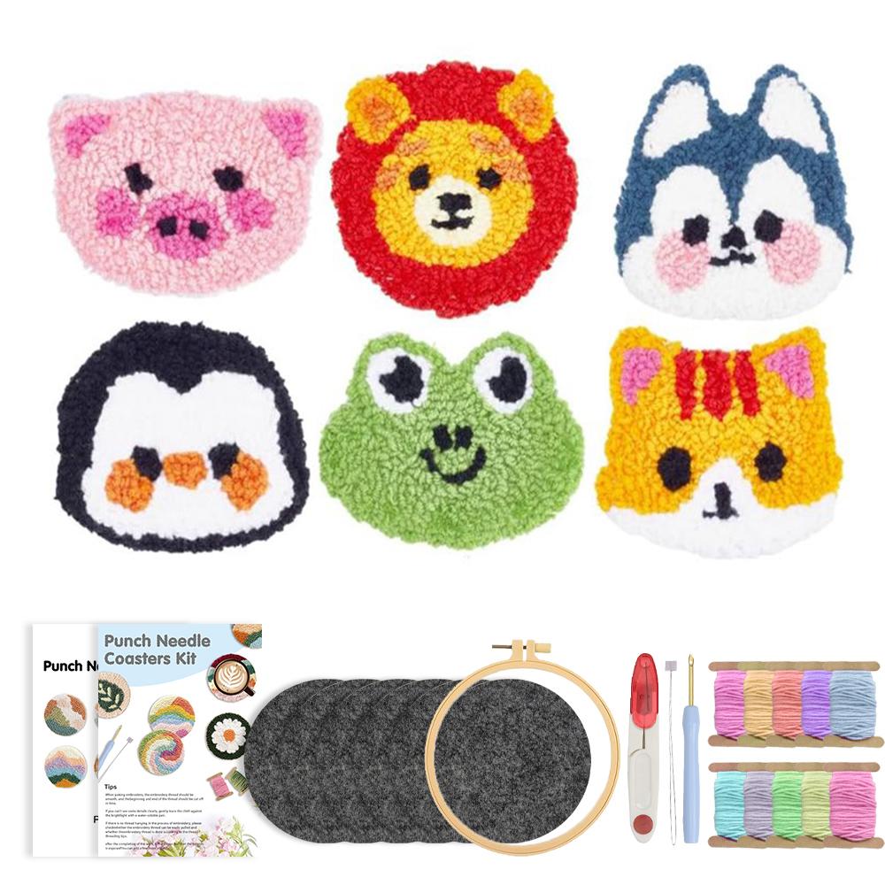 6pcs Punch Needle Embroidery Kit DIY Stitching Coasters Needlecraft Dog Pattern Tufted Rug Pads with Felt Yarns for Beginners