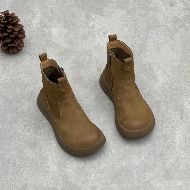 Johnature Soft Cowhide Thick Soled Women's Boots Genuine Leather Round Toe Versatile Retro Short Boots
