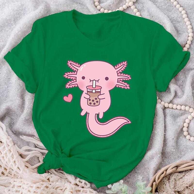 Cute Cute Axolotl Drink Boba Tea Graphic Print T-Shirts For Women Summer Lovely Short Sleeve Casual T-Shirts Funny Ladies Tops