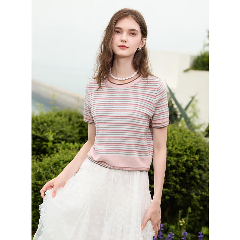 Sancai 2025 Summer Striped Knit Short Sleeve Pullover