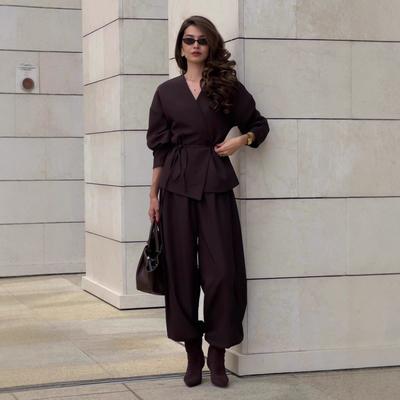 Two-Piece Set V Neck Tie Waist Blouse and Wide Leg Pants