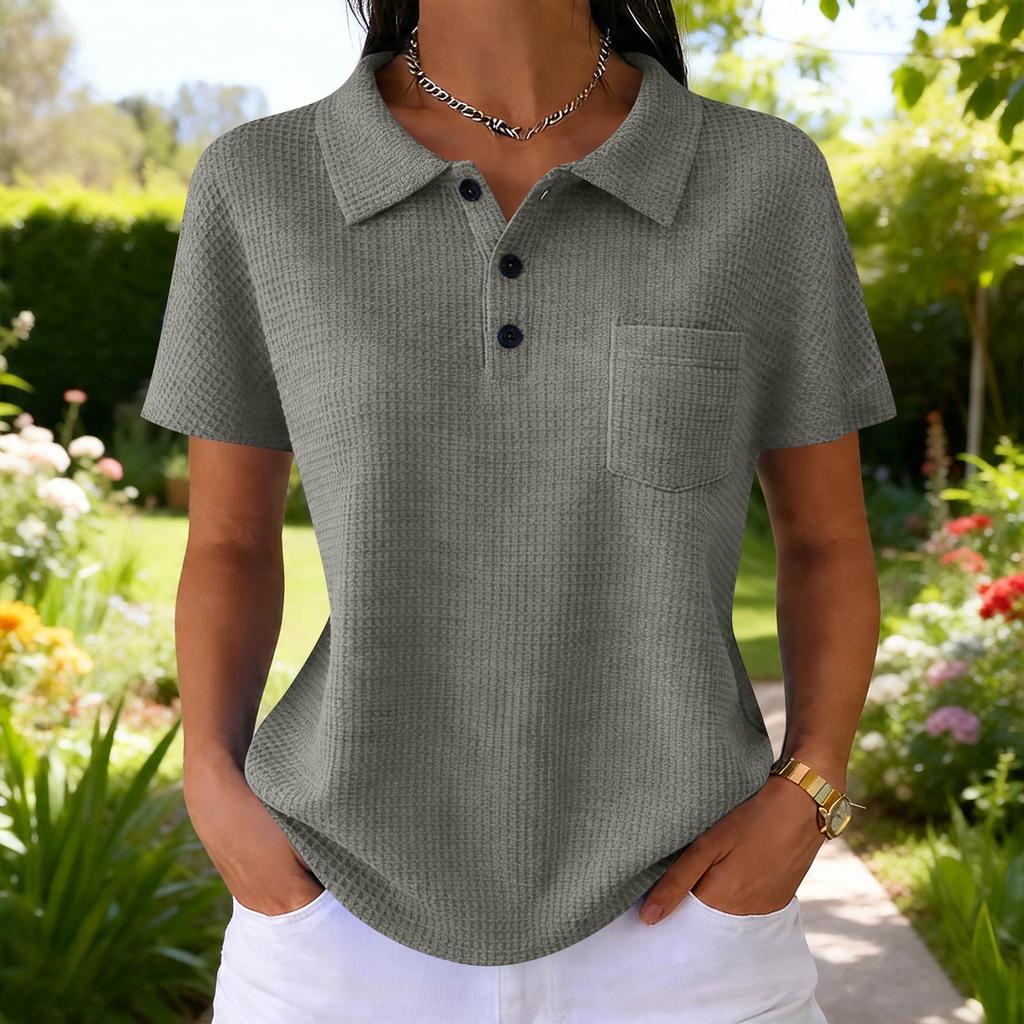 Women's Fashion Color T-Shirt — Vintage V-Neck, Button-Front, -Knit — Casual Short-Sleeve Top for Daily Commuting (Spring/Summer)