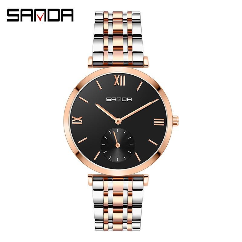 Sanda Trendy Diamond Roman Numeral Couple Watches - Steel Band, Waterproof Women's Wristwatch