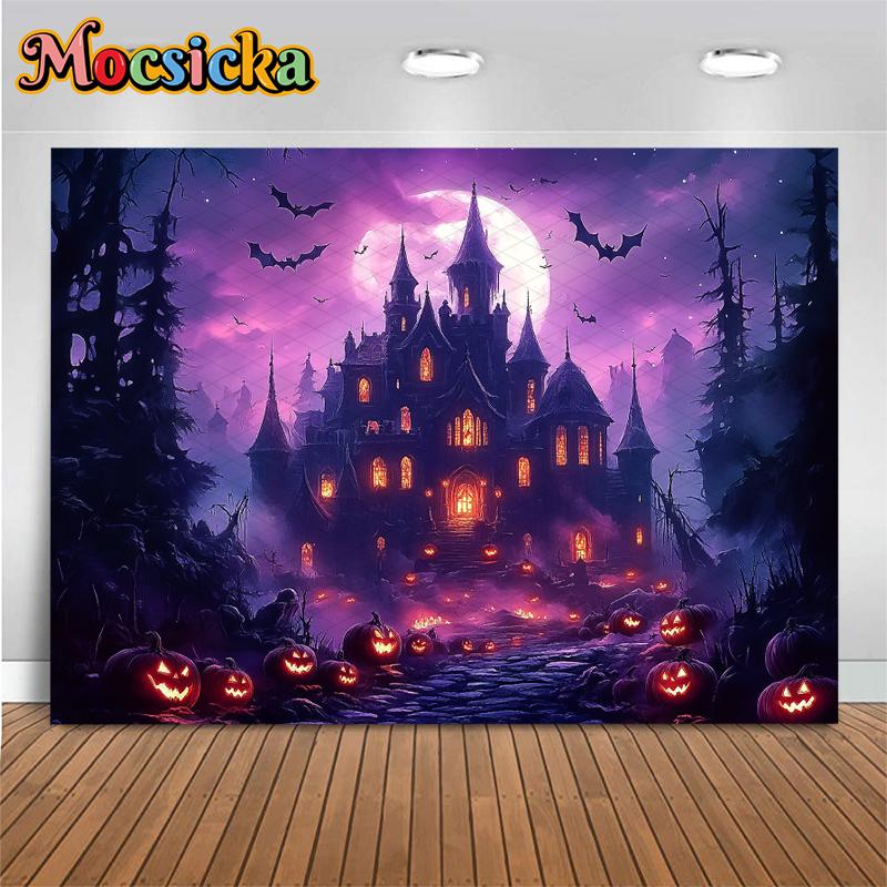 Mocsicka Halloween Purple Castle Photo Background Night Terror Forest Tree Bat Jack-O-Lanterns Party Decors Photography Backdrop