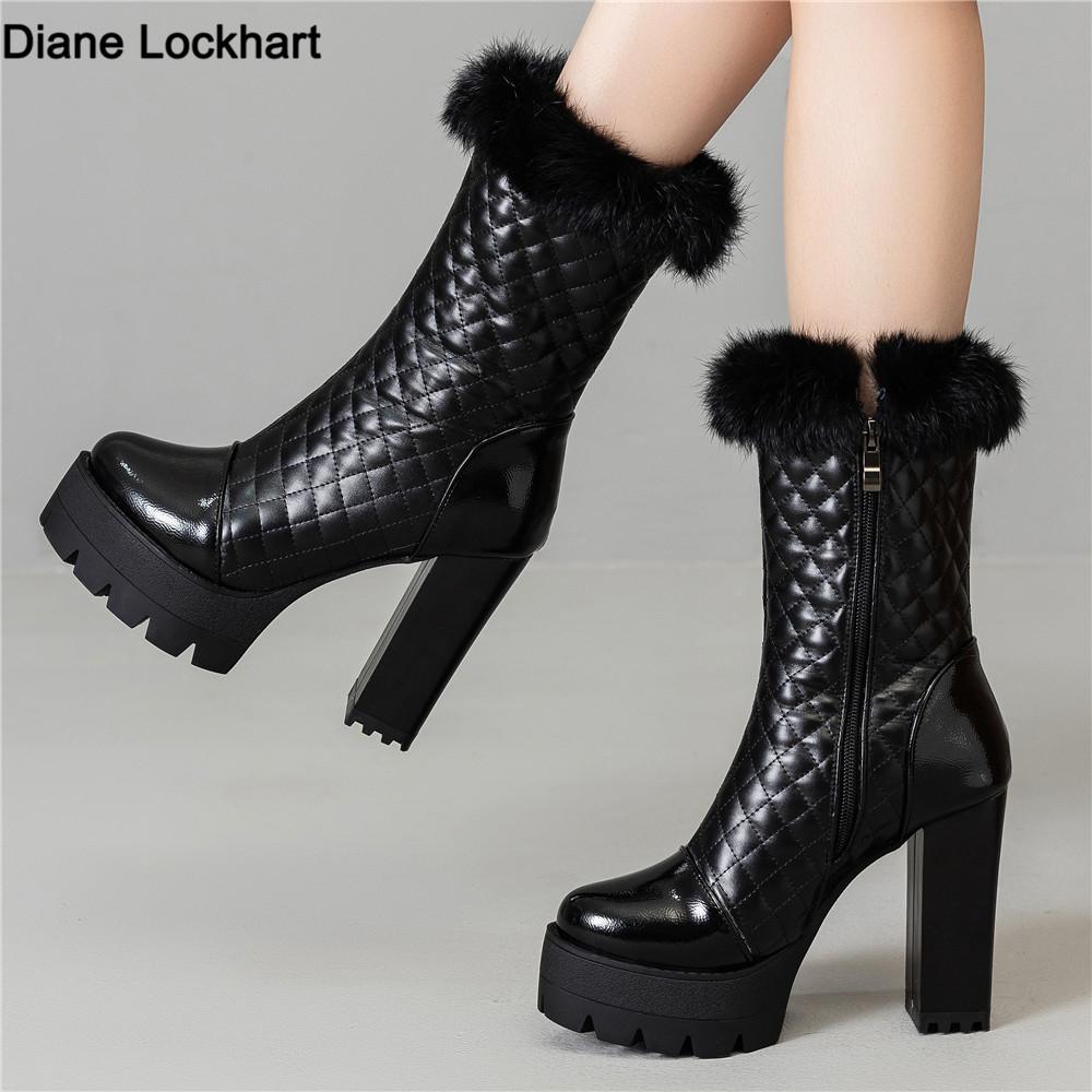 Fashion Womens Fur Thick High Heel Shoes Platform Elastic Band Side Zip Chelsea Boots Black Ankle Boot Zapatos Para Mujeres Motorcycle