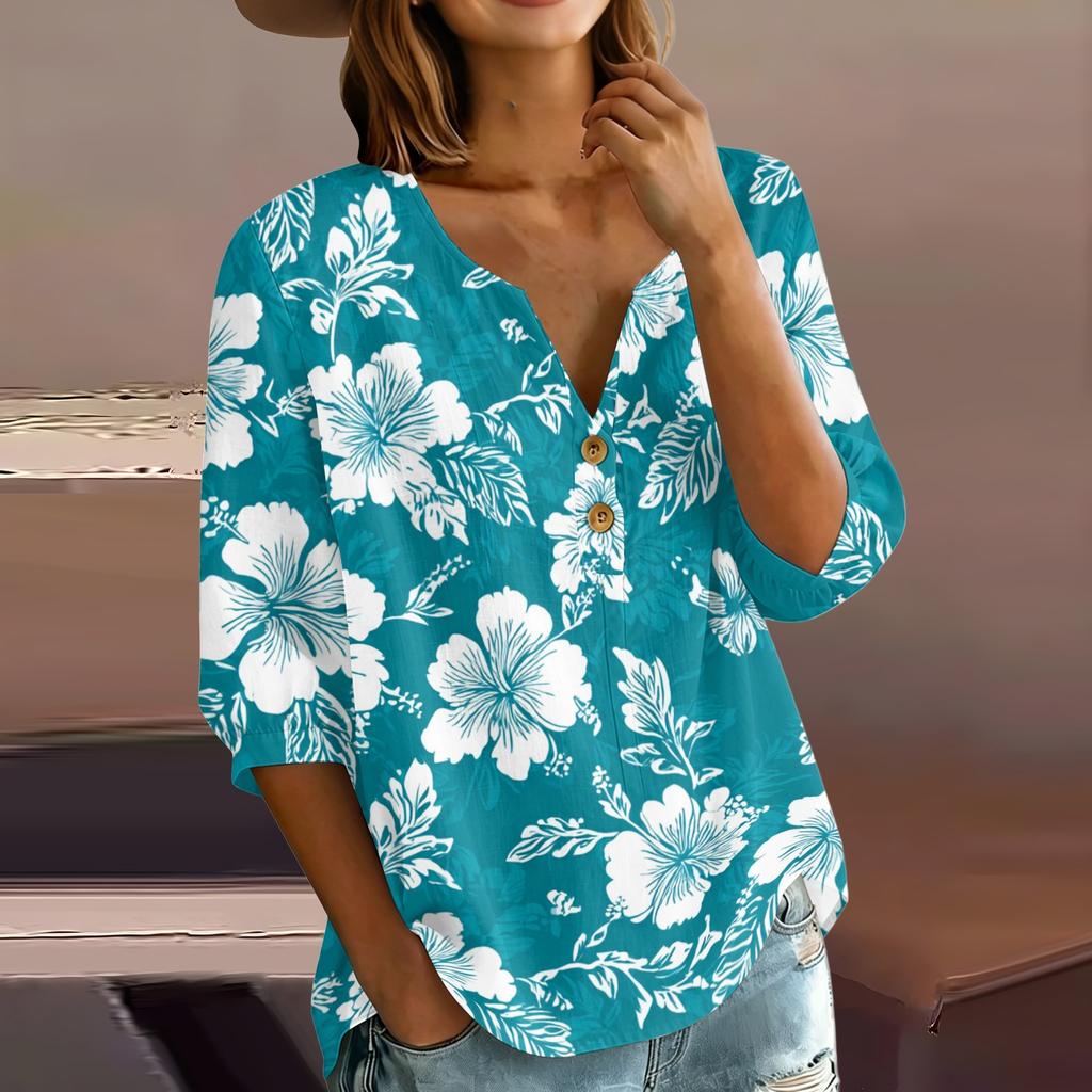 Women’s Casual Floral Print Henley Neck 3/4 Sleeve Cotton Linen Shirt with Button Front Loose Fit Blouse for Spring Summer Wear