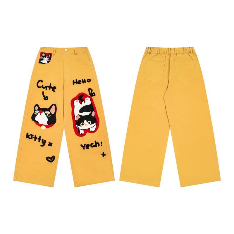 American Retro Cat Embroidery Sweatpants Loose Straight Leg Casual Pants Teens