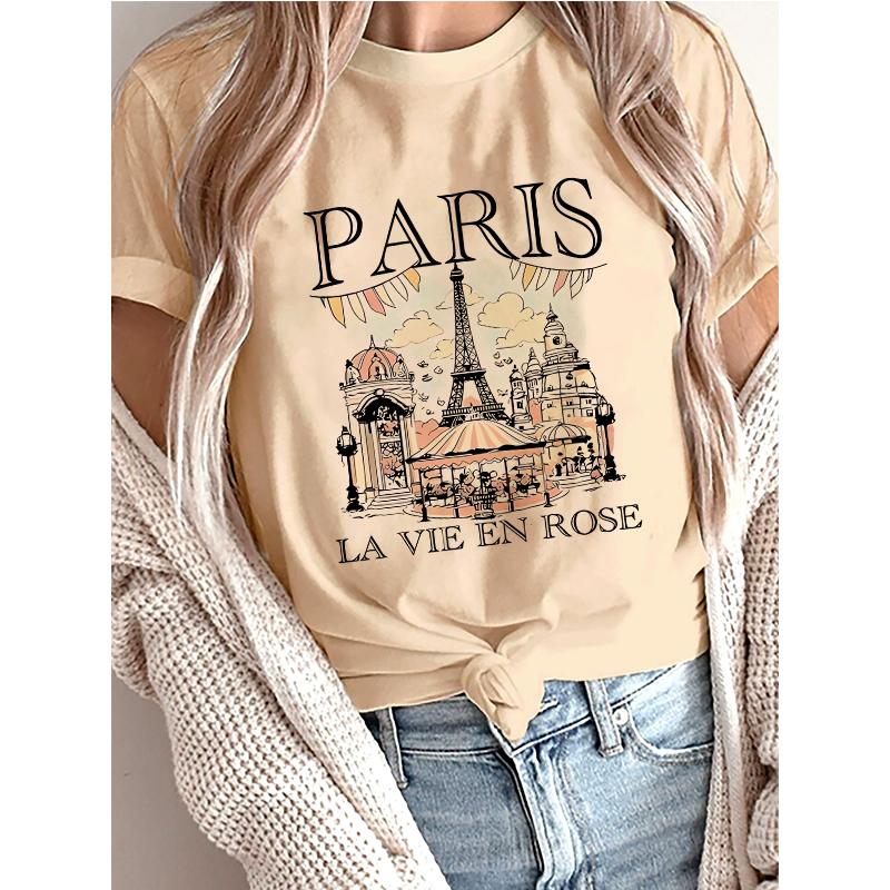 Casual Short Sleeve Printed T Shirt Clothing Women's T-Shirt Graphic Clothing Top Tee Fashion Bonjour Paris Text Print T Shirt