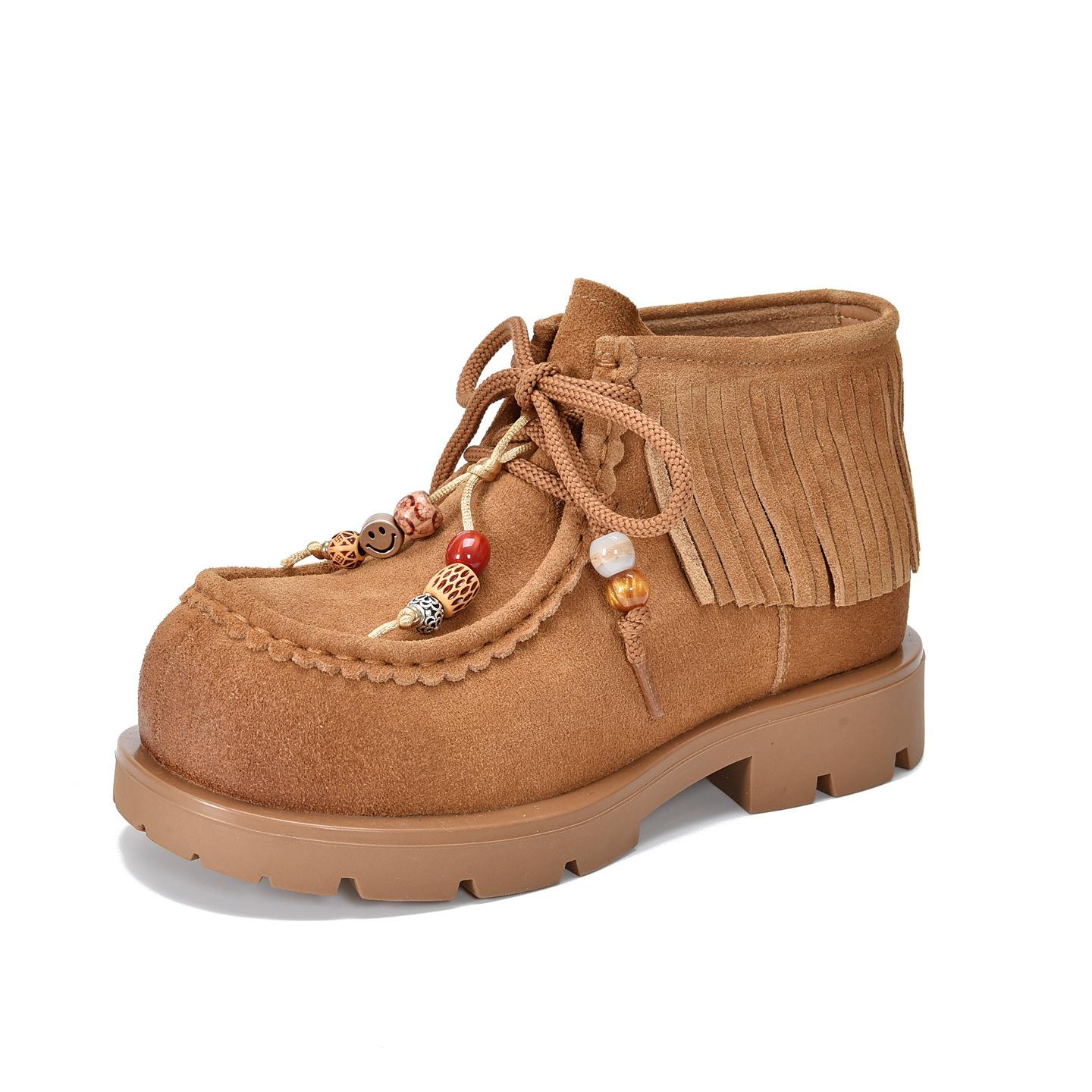 Johnature Tassel Thick Soled Cow Suede Short Boots Fashionable And Versatile Lace Up Women s Boots 35 верблюд