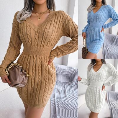 V Neck Sweater Waist Hugging Dress Solid Color Elegant Fried Dough Twists Long Sleeve Loose Dresses Causal Dress