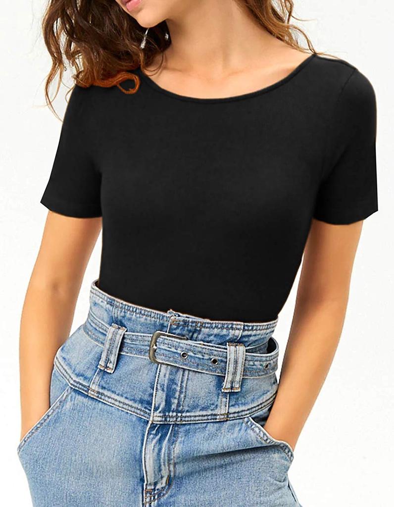 Women's Round Collar Short Sleeve Elastic Bodysuits Jumpsuits