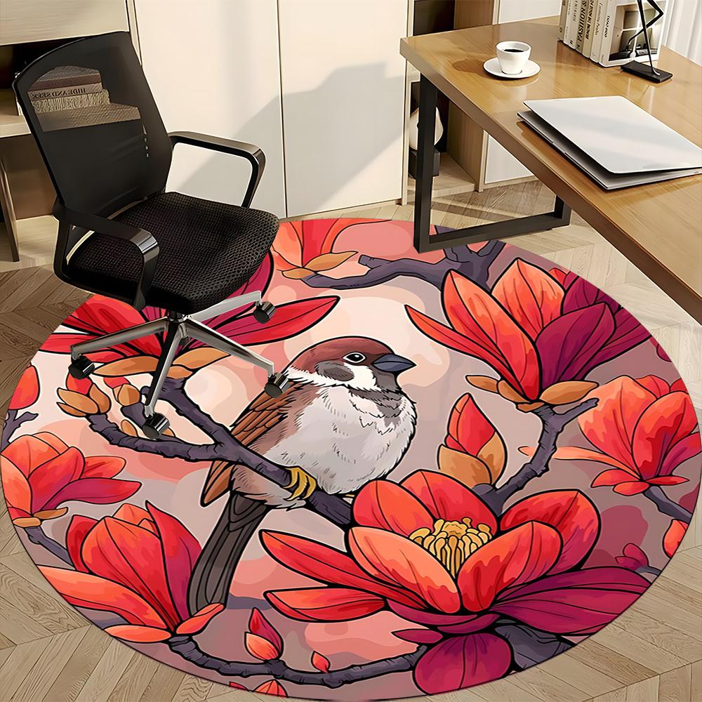 1pc Magnolia Bird Print Carpet for Office Non Slip, Round Carpet, Soft & Comfortable, Carpet for Office, Lightweight Round Floor Mat