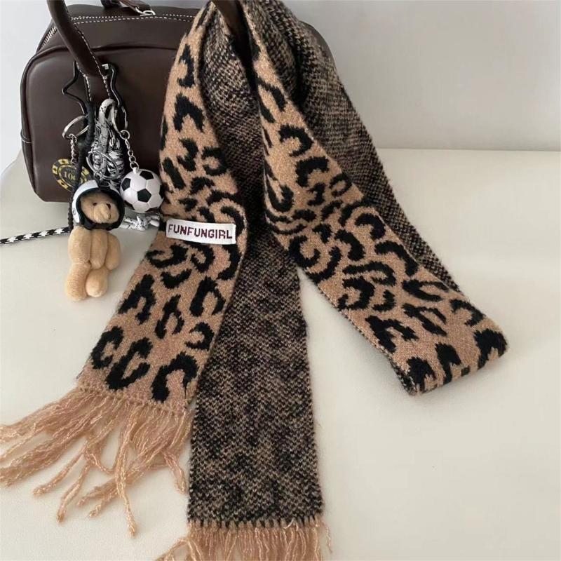 Vintage Leopards Print Tassels Scarf Soft Acrylic Neckerchief Warm Fashion Scarves for Women Warm Accessory