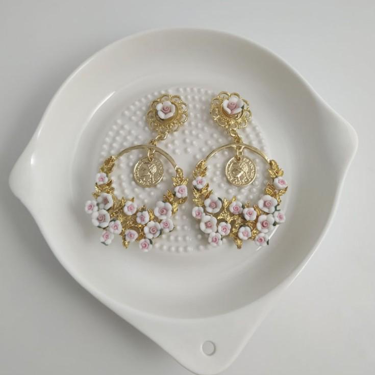 Retro Pastoral Large Hoop Earrings with Ceramic Flowers for Women