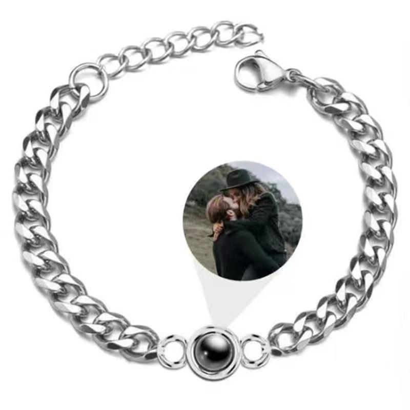Projection Titanium Steel Couples Bracelet Set: 100 Languages Personalized Photo Text for Men & Women
