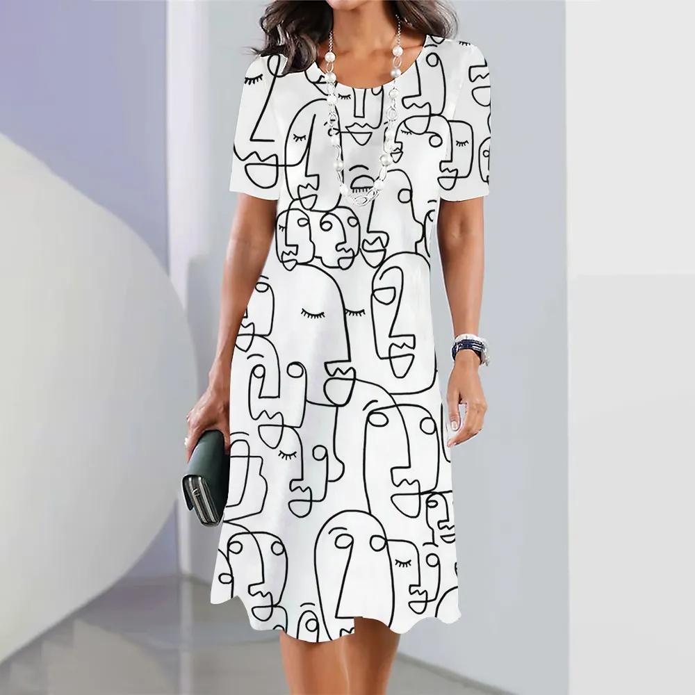2026 New Summer Fashion Women s Short-sleeved Loose Dress Ladies Holiday Casual Loose Round Neck Dress 3d Facial Printing Clothes S