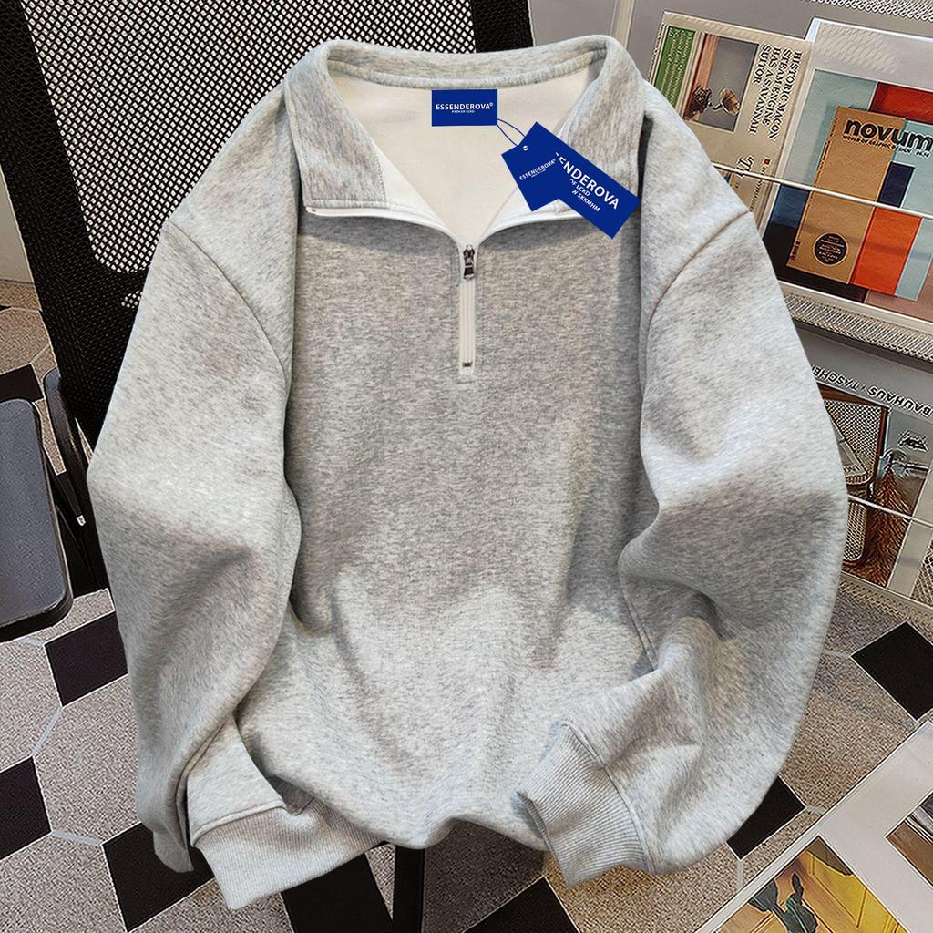 Women's American Retro Cotton Half-Zip Polo Hoodie with Velvet - Autumn/Winter Fashion Trend