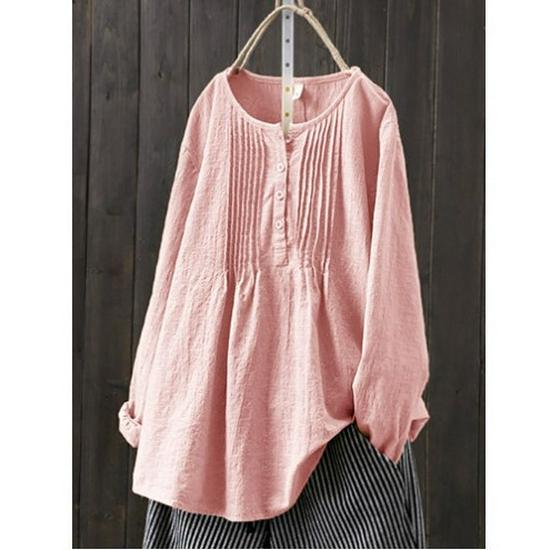 2025 Korean Style Loose Pleated Long-Sleeve Retro Cotton Linen Shirt for Women