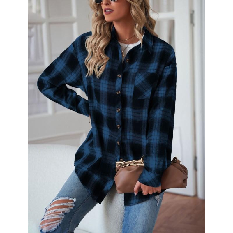 Dámská košile s dlouhým rukávem s kostkovaným vzorem Podzimní a zimní nová ležérní volná košile ve stylu boyfriend Podkošile Jednořadé s klopami Kardigan