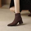 Kurzstiefel Damen dicker Absatz 2025 Herbst neu spitz zulaufende hohe Absätze Stiefeletten schwarz Samt mattes Leder mittlerer Absatz nackte Stiefel