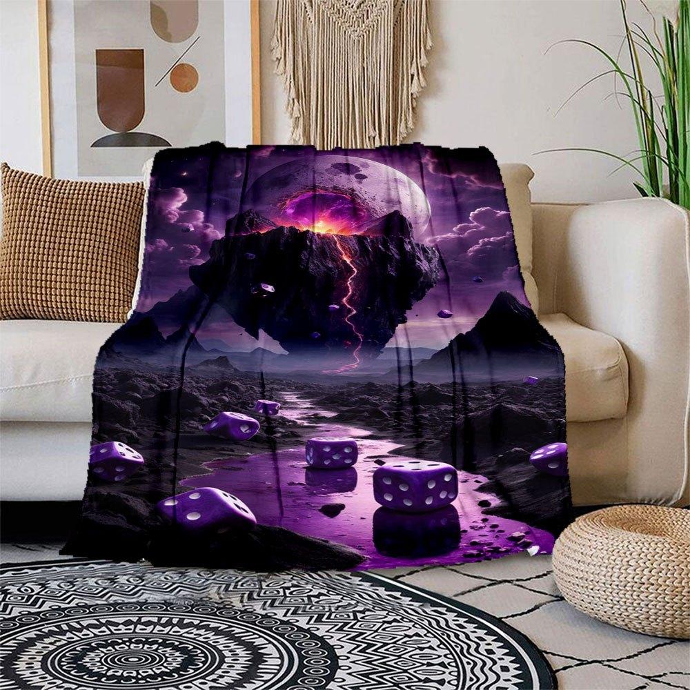 Purple Dice Fantasy Landscape Wall Art PrintBlanket Flannel Throw Blanket for Sofa, Bed, Travel, Camping, Office