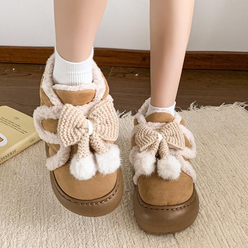 Fashion Cute Fluffy Winter Boots for Women 2025 Faux Fur Bowtie Pink Snow Boots Woman Warm Plush Kawaii Ball Ankle Boots Shoes Woman