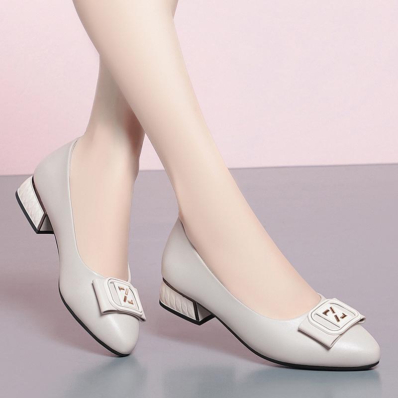 Women Shallow Mouth Comfort Solid Color Casual Shoes Spring Autumn New Square Heels Fashion Pointed Toe Soft Leather Shoes
