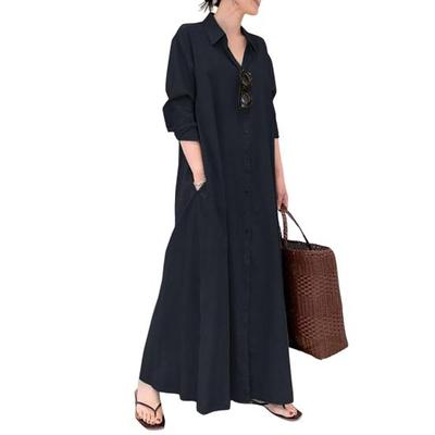 Women Spring Dress Turn-down Collar Loose Single-breasted Long Sleeve Pure Color Buttons Pockets Shirt Type Ankle Length Fall Daily Maxi Dress