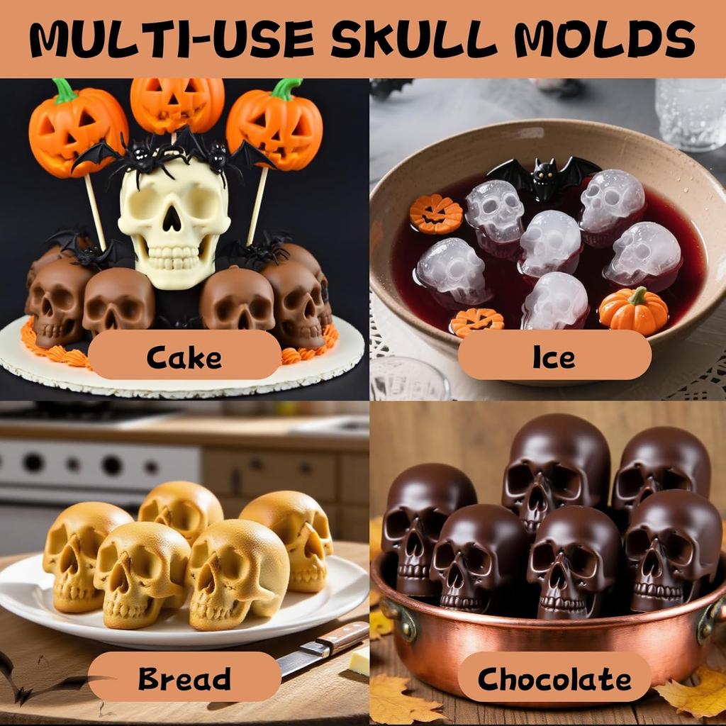Skull Silicone Molds for Baking, 6 Cavities 3D Skull Baking Pan for Cake Chocolate, Skeleton Mold for Pizza Ice Wax Melt Jelly Resin (Black)