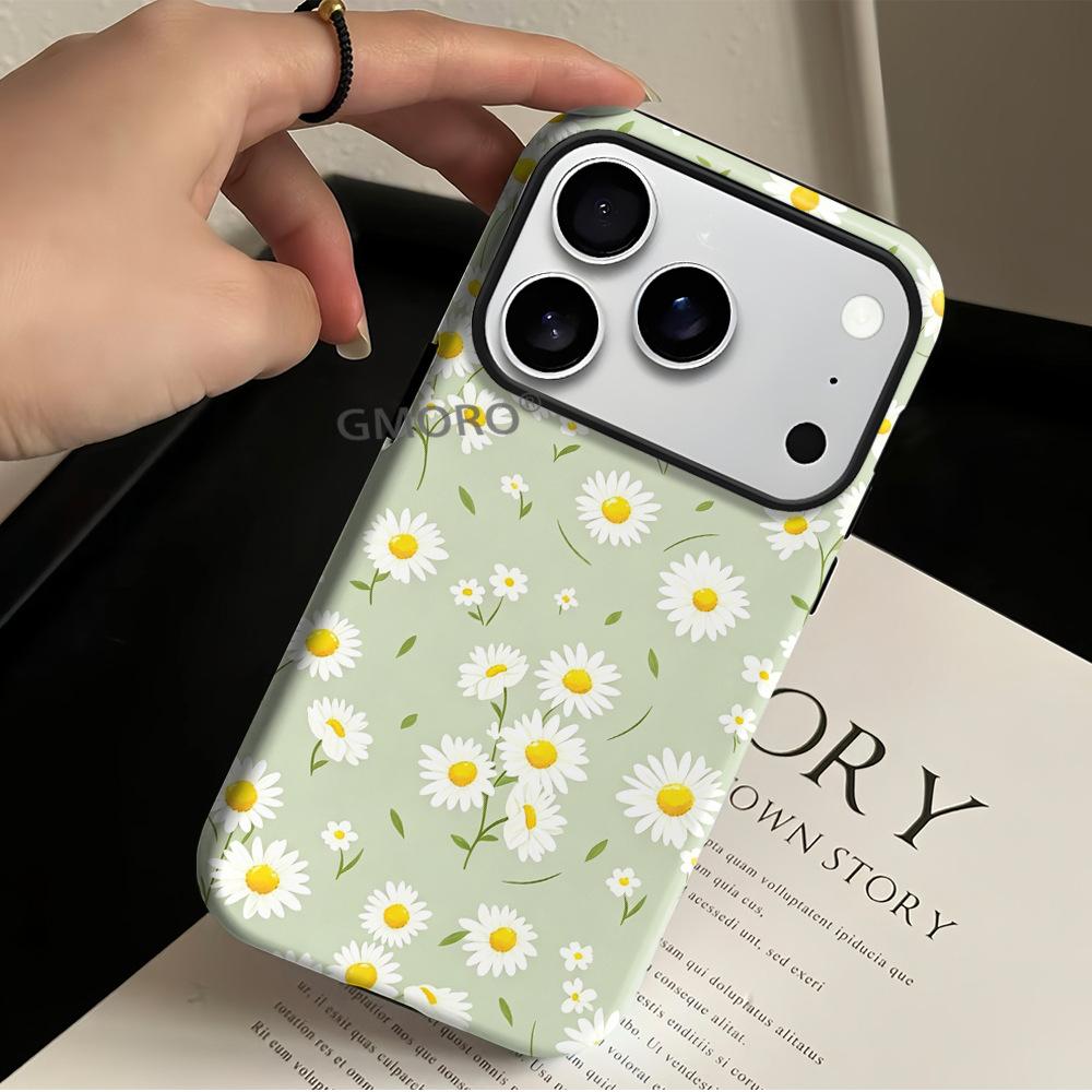 Light green small daisy floral mobile phone case iPhone14promax double-layer film case Apple 17 magnetic case 15