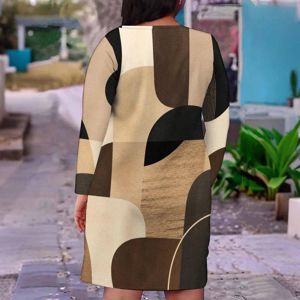 Women Plus Size V Neck Long Sleeve Printed Fitted Straight Midi Dress