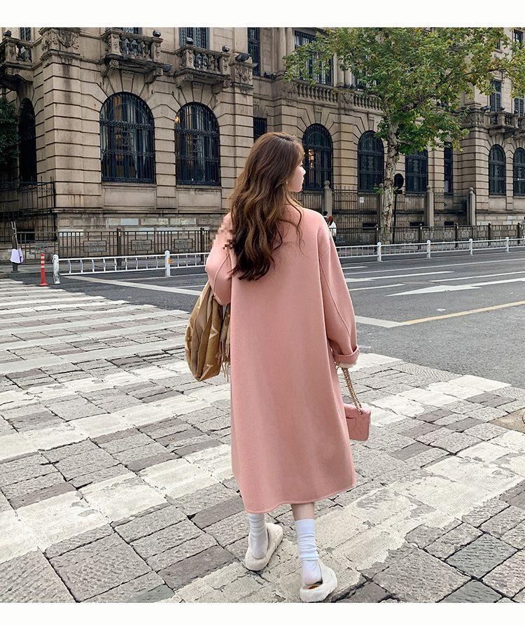 Women's Pink Woolen Coat, 2025 Autumn/Winter Korean Hepburn Style, Loose Mid-Length