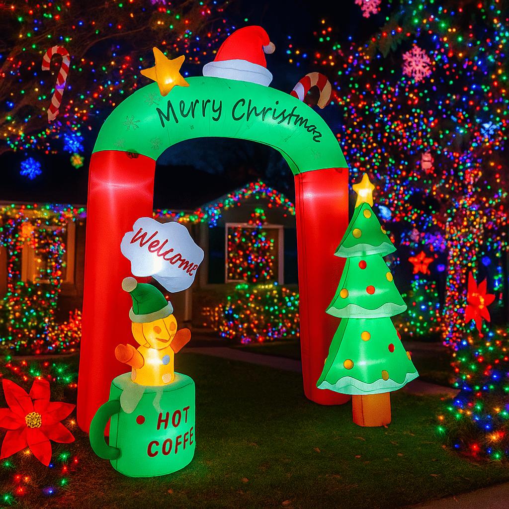 8.8FT/2.7M Inflatable Christmas Arch with Gingerbread Man Hot Coffee and Welcome, Glowing Outdoor Yard Decor