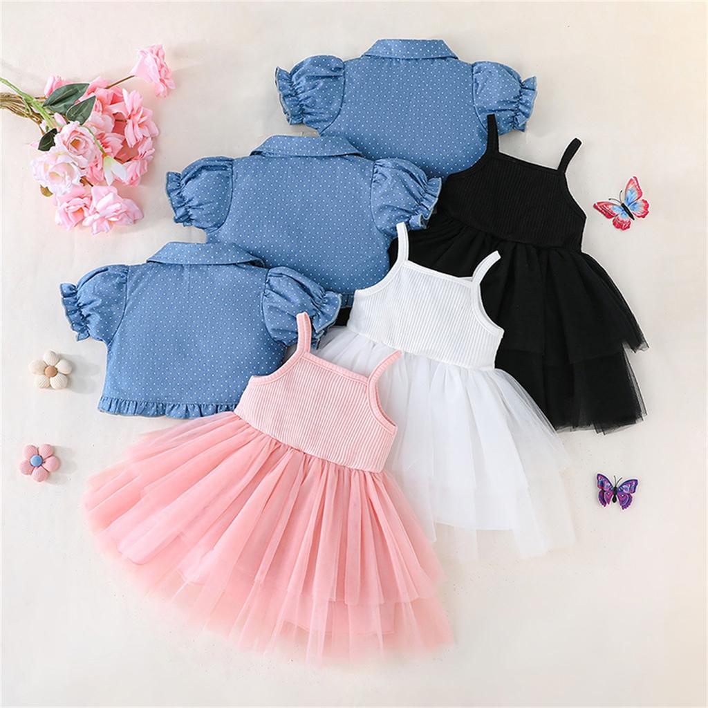 Toddler Girl Summer Outfits Tulle Spaghetti Strap Bow A Line Dress with Dot Butterfly Print Short Puff Sleeve Cardigan